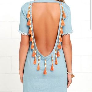 Nightwalker Tassel Me Light Blue Beaded Chambray Dress